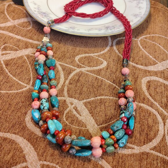 Jay King Rare Triple Strand Red Coral Turquoise Sterling Silver Necklace